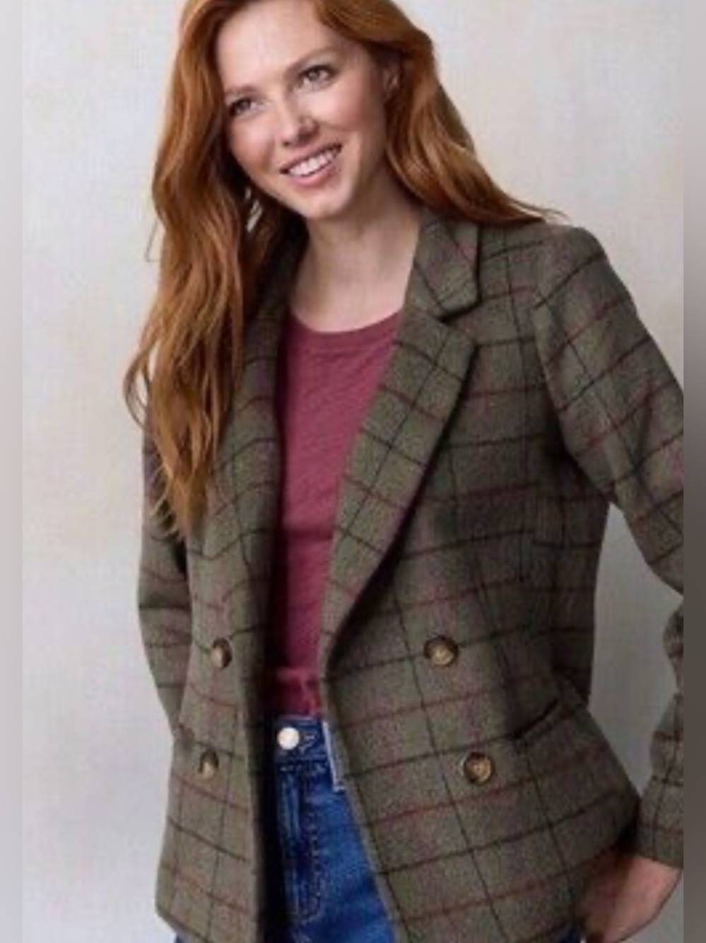LC Lauren Conrad Olive Plaid Double-Breasted Blazer with Red Accents